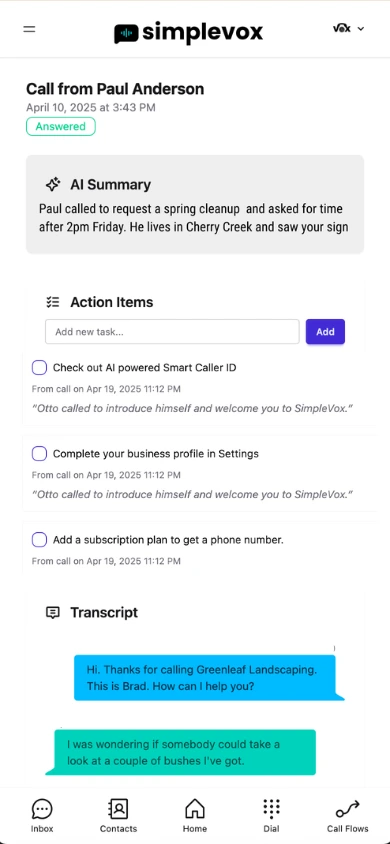 SimpleVox mobile dashboard